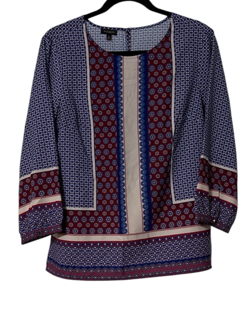 Talbots Navy, Burgundy and Cream Printed Scoop-Neck Blouse